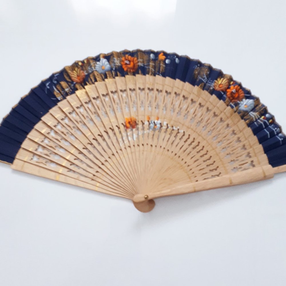 Blue Spanish Fan with Wooden Base and Handpainted Floral Design